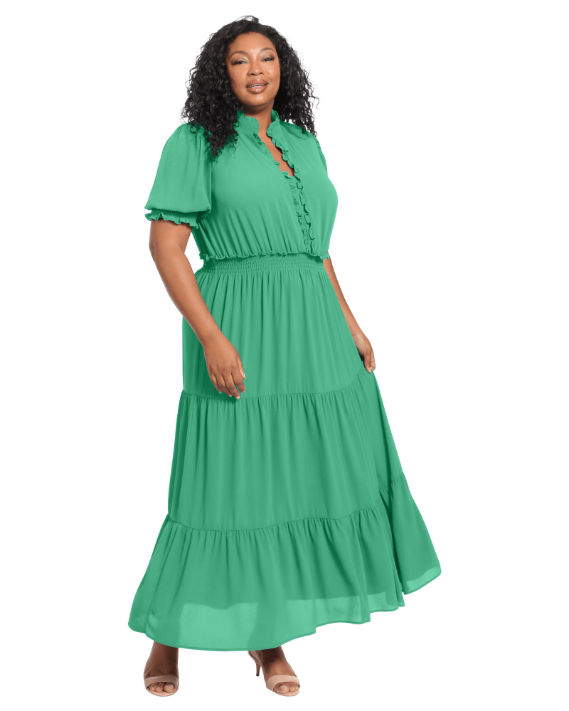 Plus size model wearing Eva Ruffle Sleeve Maxi Dress by London Times | Dia&Co | dia_product_style_image_id:194500